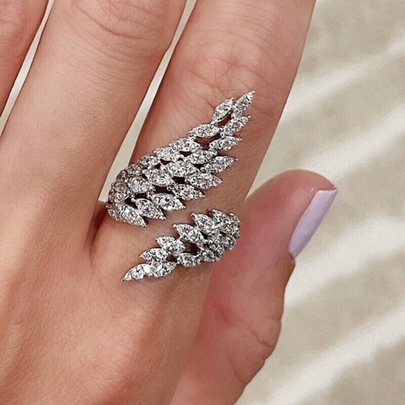 Adjustable Feather/ Leaf Long Ring: White Sapphir… - image 1