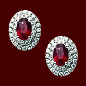 Natural Ruby Earring Studs:  Double White Sapphire Halo, 18k White Gold/ Sterling Silver
