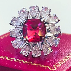 Cushion-cut Ruby Ring: White Sapphire Halo; 18k W Gold/ Silver; Art Deco Christmas Statement