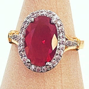 3.3 Carat Ruby Ring: Moissanite Halo, 18K Gold/Silver, Circa 2000, July Birthstone