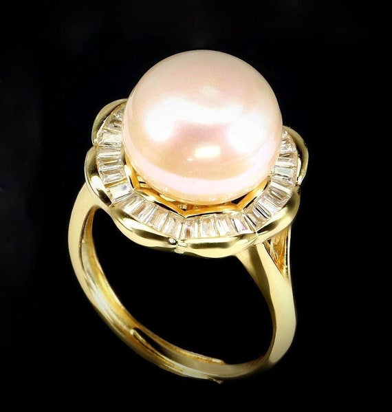 Large Natural 12mm Creamy Peach Pearl Ring w/ Crys