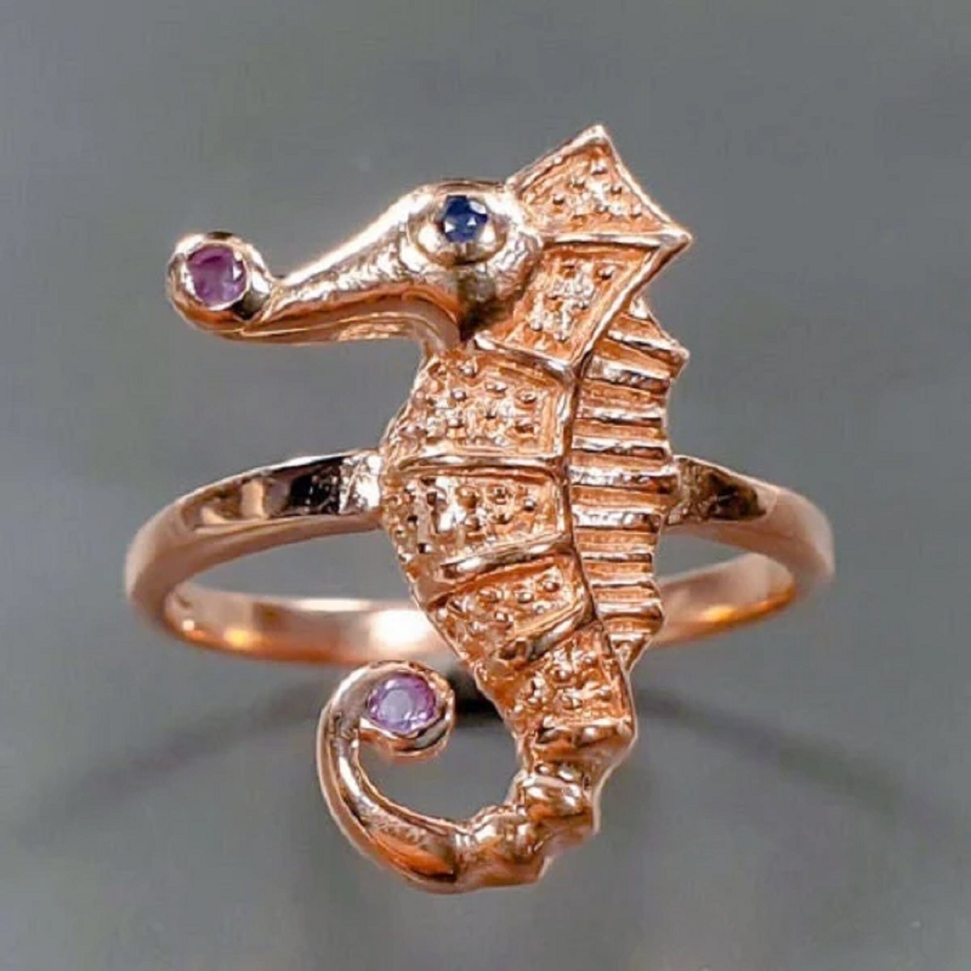 Seahorse Ring Sapphire & Amethyst Natural Gemstones 18k Rose Gold Sterling Silver Raw Gemstone Accents Vintage Estate Unisex Ring Size 8