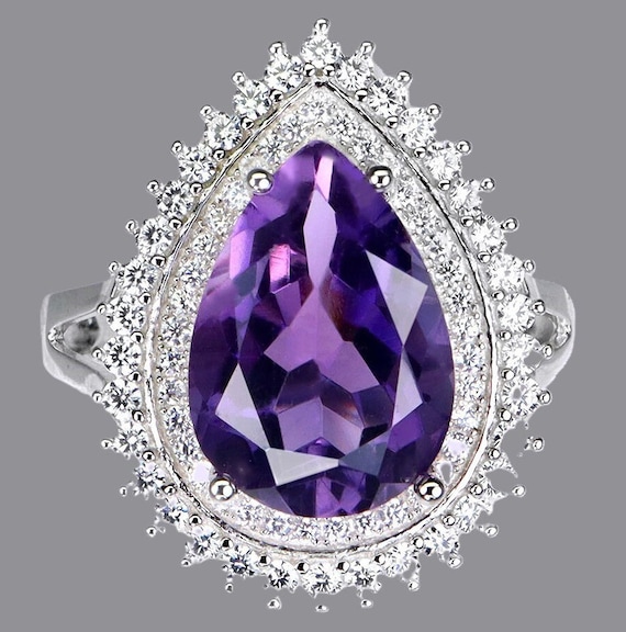 Amethyst Teardrop Statement Ring: Double Halo Whi… - image 1