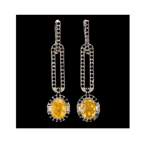 Art Deco Yellow Sapphire & Black Spinel 1 1/2"  Dangle Drop Earrings Natural Gemstones 14k White Gold over Sterling Silver *Great Gift