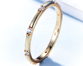 White Sapphire Stacking Ring Thin Minimalist Petite Jewelry 18k Gold over 925 Silver Natural Gemstones Unisex Ring