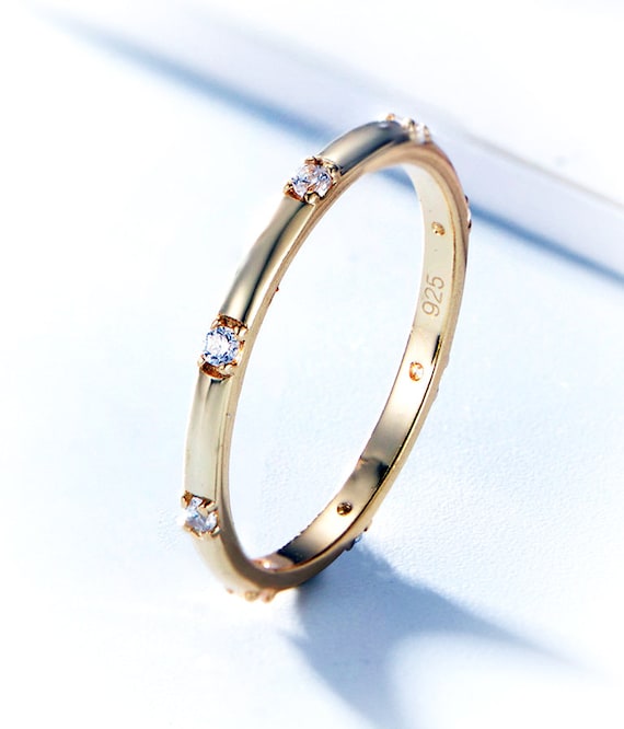 White Sapphire Stacking Ring: Thin Minimalist Pet… - image 1