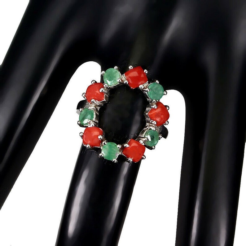 Natural Emerald /& Coral Wreath Ring 14K White Gold Plate ~ Unique Ring ~ Gift for Her Size 8 14