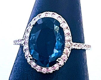 London Blue Topaz Halo Ring: 14K Weißgold, Sterling Silber, 3/4 "lang