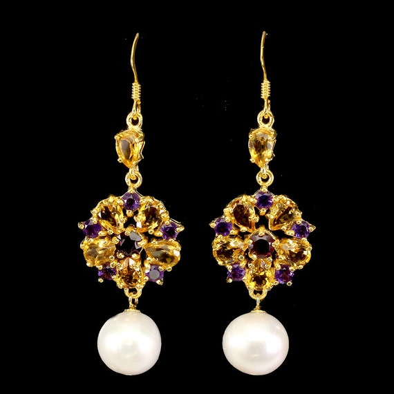 Baroque Pearls Citrines Garnets Dangle Drop Vinta… - image 2