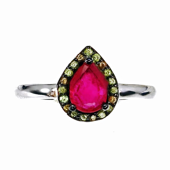 Pear Ruby Ring: Sapphire Halo, Black Rhodium, 18K… - image 3