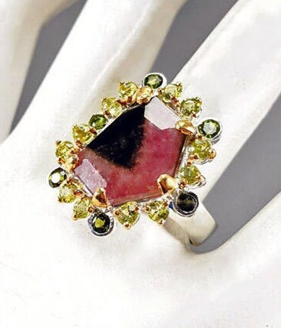 Bi-color Raw Tourmaline Ring w/ Chrome Diopside &… - image 2