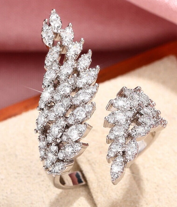 Adjustable Feather/ Leaf Long Ring: White Sapphir… - image 3