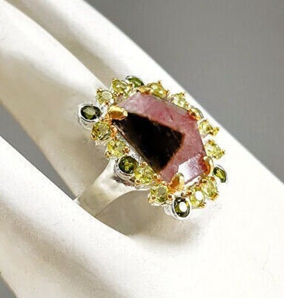 Bi-color Raw Tourmaline Ring w/ Chrome Diopside &… - image 3