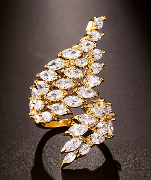 Adjustable Feather/ Leaf Long Ring: White Sapphir… - image 2