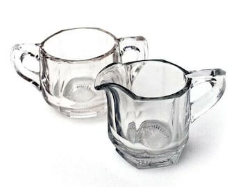 Antique Heisey Clear Glass Paneled Open Sugar Bowl & Creamer Set Collectible Antique Glass