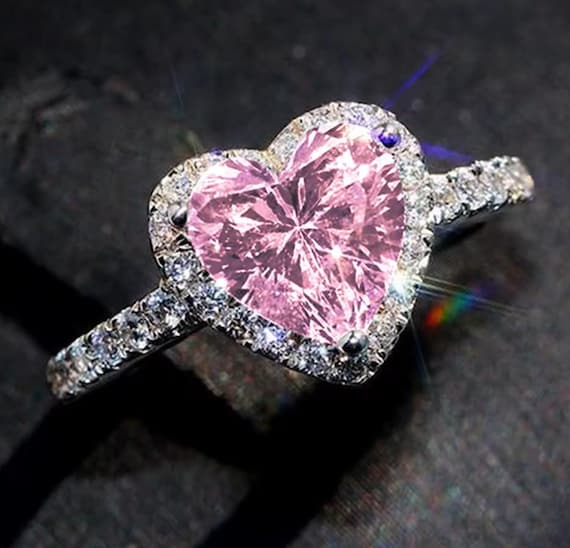 Pink Swarovski Heart Ring: Clear Crystal Halo & Accents, Rhodium