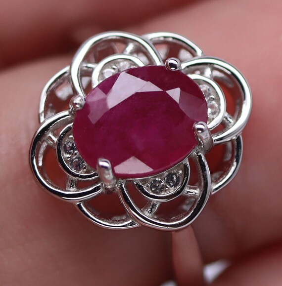 Natural Oval Ruby Ring: White Sapphire Swirl 14k … - image 2