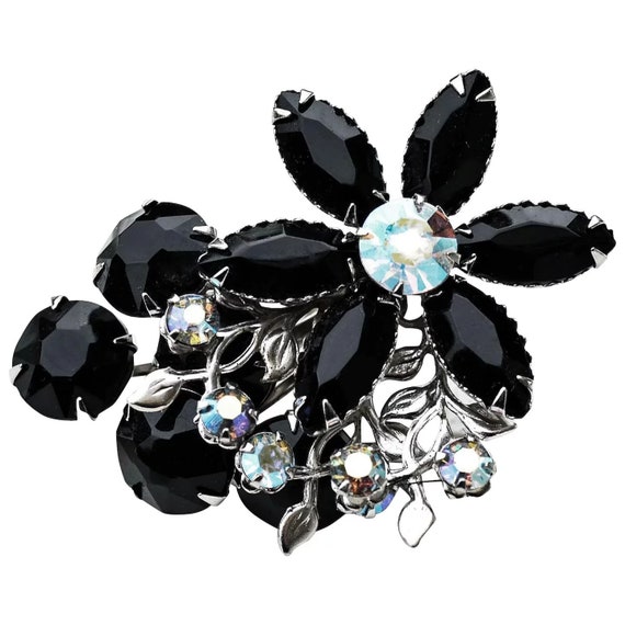 Black & Clear Rhinestone Flower Cluster Brooch Vi… - image 1