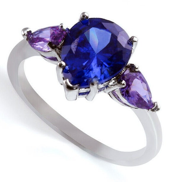 Sapphire & Amethyst Ring Pear Shaped Gems in White