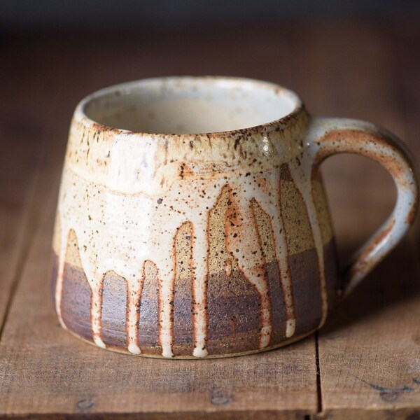 Handmade Pottery Mug with Handle | Earthy Speckled White with Blue on Handle 10-12 oz Ceramic Coffee Mug | Wheel Thrown Natural Glaze