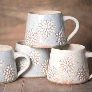 Handmade Ceramic Coffee Mug | Hand Carved Botanical Stoneware Mug | Artisan Floral Pottery