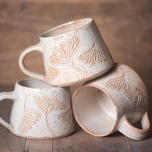 Hand Carved Ginkgo Leaf Ceramic Coffee Mug | Speckled Stoneware Botanical Pottery Mug