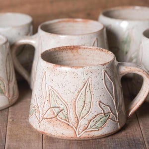 Nature Inspired Stoneware Leaf Mug |  Hand Carved Speckled Coffee Cup with Clay Slip Decoration