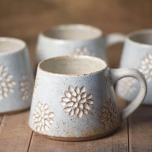 Handmade Ceramic Coffee Mug | Hand Carved Botanical Stoneware Mug | Artisan Floral Cup