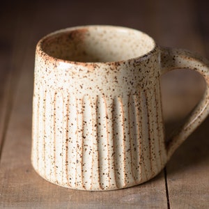 Hand Carved Pottery Mug with Handle | Earthy Speckled Warm White 10-12 oz Ceramic Coffee Mug | Wheel Thrown Handmade Natural Glaze Mug