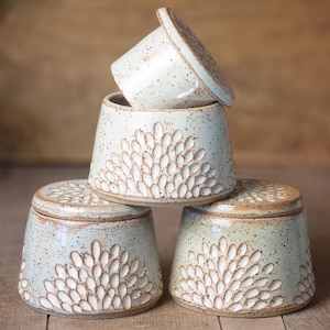 Handmade Butter Crock | Stoneware Floral Pottery Butter Keeper Dish