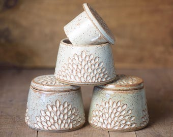 Handmade Butter Crock | Stoneware Floral Pottery Butter Keeper Dish
