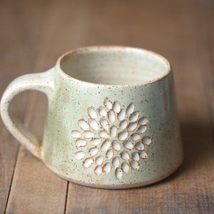Handmade Green Pottery Mug | Speckled Stoneware Ceramic Coffee Mug with Hand Carved Flowers