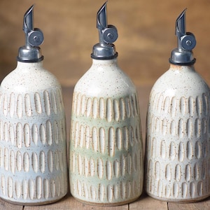 Handmade Olive Oil & Vinegar Cruets | Hand Carved Pottery Oil Bottle with Weighted Topper