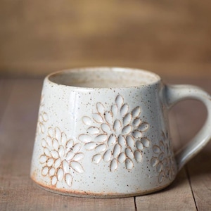 Handmade Ceramic Coffee Mug |Hand Carved Botanical Mug | Stoneware Artisan Pottery