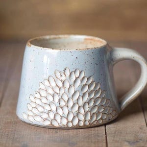 Hand Thrown Ceramic Coffee Mug | Unique Carved Blue and White Stoneware Pottery Mug