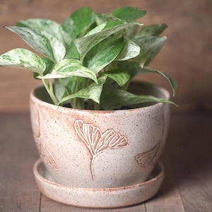 Op de afbeelding: Een gespikkelde keramische plantenpot met bijpassende schotel, voorzien van in reliëf aangebrachte ginkgobladpatronen aan de buitenkant. De pot bevat een bonte pothosplant met groen-witte hartvormige bladeren die uit het midden groeit.