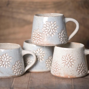 Handmade Ceramic Coffee Mug | Hand Carved Botanical Stoneware Mug | Artisan Floral Cup
