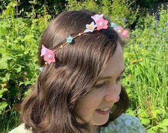 Boho Flower Crown: Pink & Blue Acrylic Blooms, Glass Pearl Fairy Wreath
