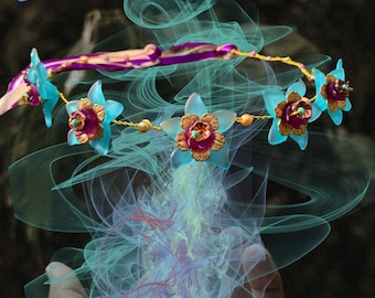 Blue Art Nouveau Hoya Tiara: Jeweled Costume Crown