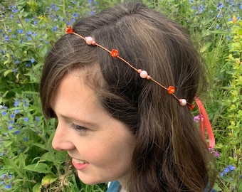 Red Beaded Regency Hair Wreath: Czech Glass Flower Tiara