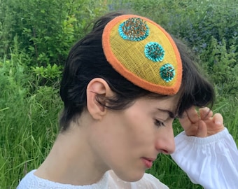 Solar Sequin Fascinator: Orange Sinamay Mini Hat, Celestial Hair Clip