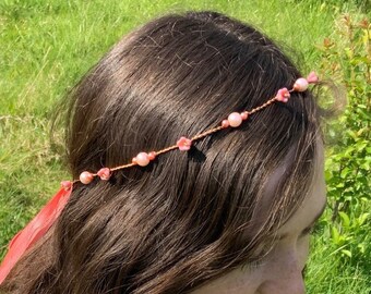 Pink Regency Beaded Hair Wreath: Czech Glass Flower Tiara