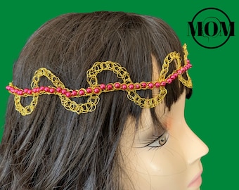 Handmade Crocheted Tudor Crown: Gold Wire & Red Pearl Tiara
