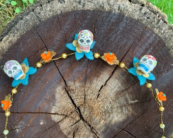 Handmade Sugar Skull Flower Crown, Day of the Dead Headpiece