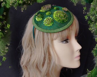 Green Sinamay Fascinator: Beaded Fairy Hat, Midsummer Night's Dream