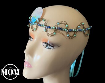 Blue Mermaid Crown: Scallop Shell Tiara with Pastel Pearl Beads