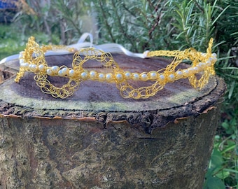 Crocheted Tudor Crown: Golden Headpiece with Cream Glass Pearls