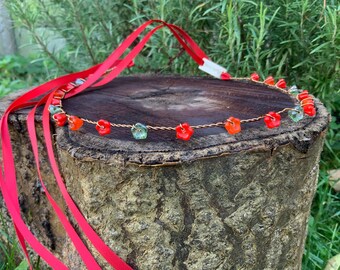 Elven Tiara: Czech Glass Flower Headpiece with Red Ribbon