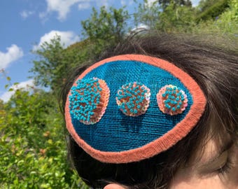 Celestial Beaded Fascinator: Blue Sinamay Mini Hat, Space Theme