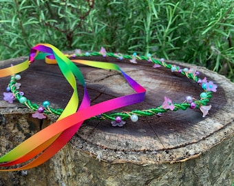 Rainbow Flower Crown: Elven Wedding Hair Wreath with Pastel Flowers